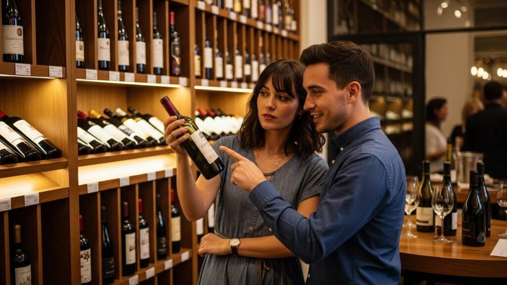 Narzeczeni wybierający wino na wesele