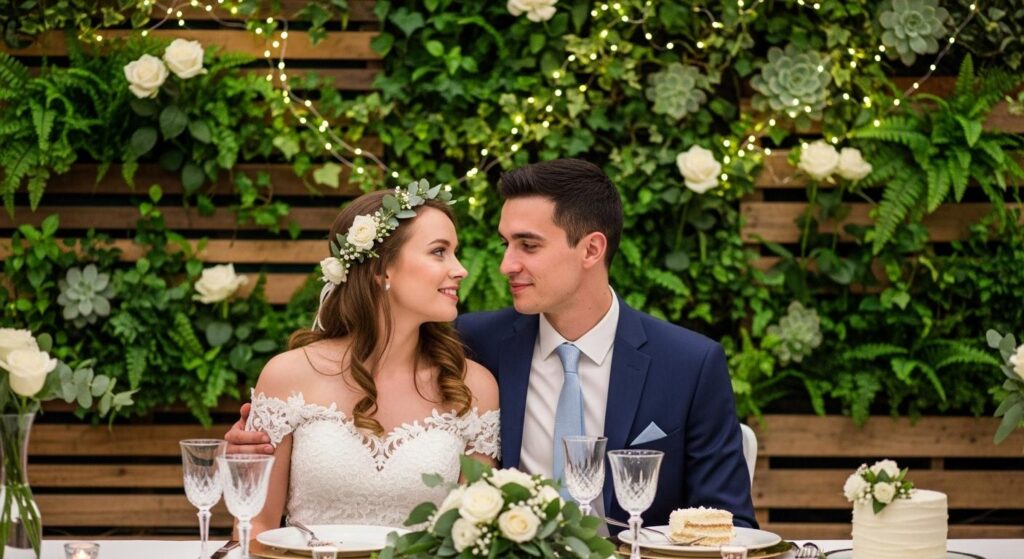 Para młoda na tle ścianki DIY z roślin i drewna