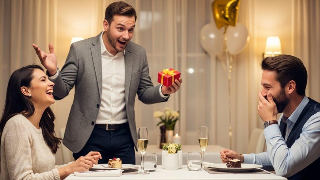 Mężczyzna składający parze śmieszne życzenia rocznicowe