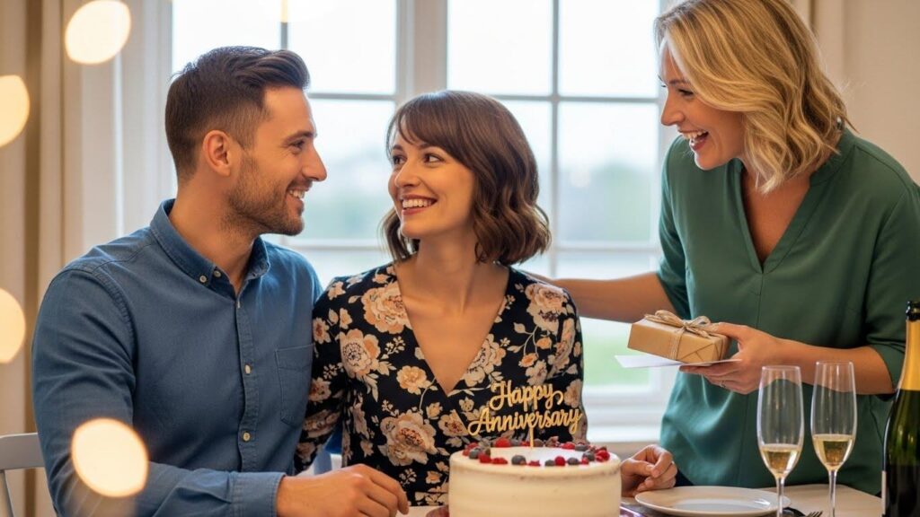 Znajomy składający parze życzenia rocznicowe